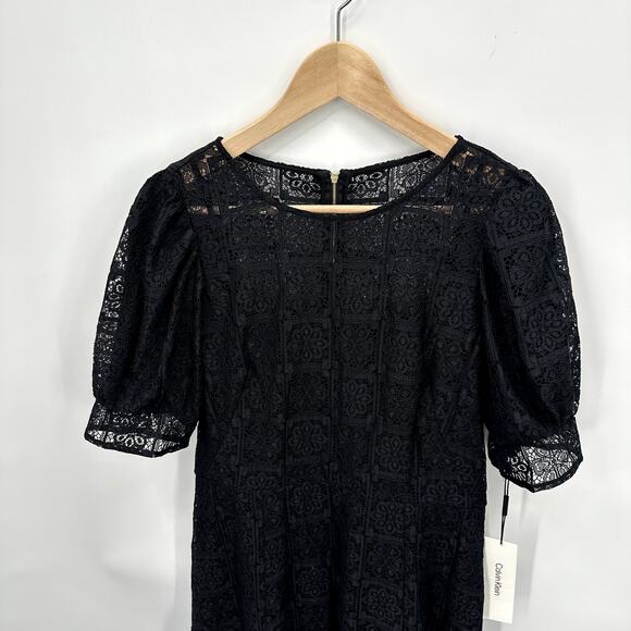 CALVIN KLEIN NWT Black Puff Sleeve Tiered Hem Lace  Dress // 8 - Picture 4 of 14